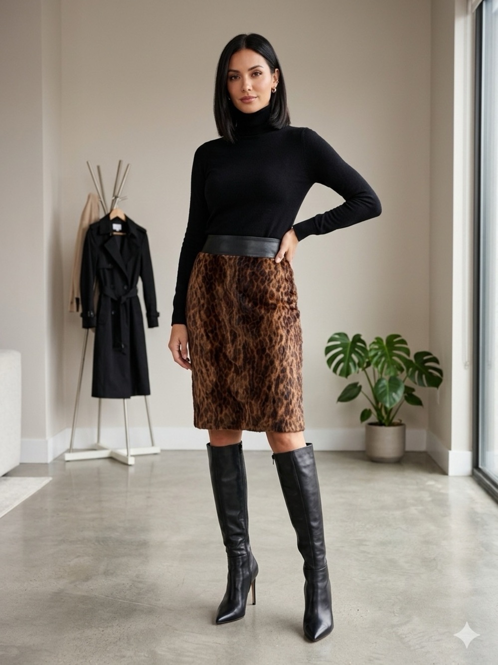 Lafayette 148 NY Leather-Trim Leopard Print Pencil Skirt Brown/Blk NWT Size 14